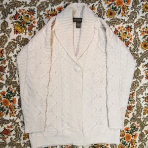 VTG Merino Wool Cream Cable Knit Chunky Cardigan Sweater Made in Ireland M